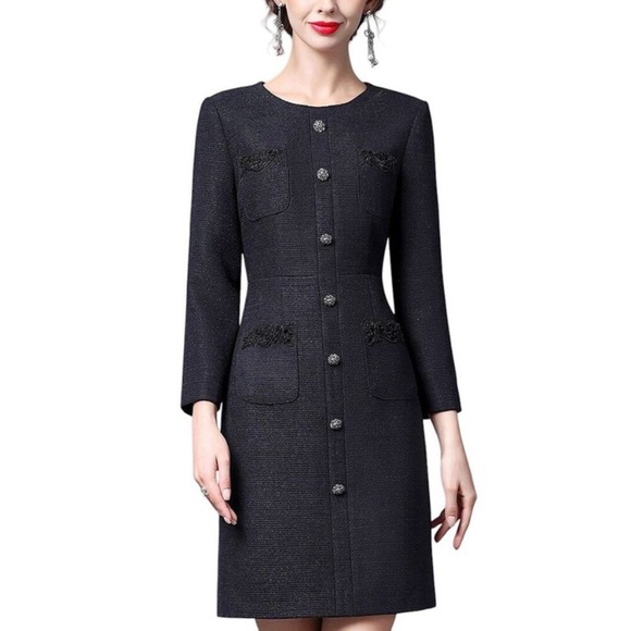 La Imperatrice Anette Dress Womens 8 Midi Black Long Sleeve Knit Shift Old  Money